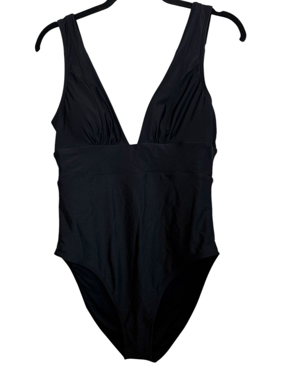 Quince Women’s Italian Plunge Black V-Neck One-Piece Swimsuit sz L Elegant